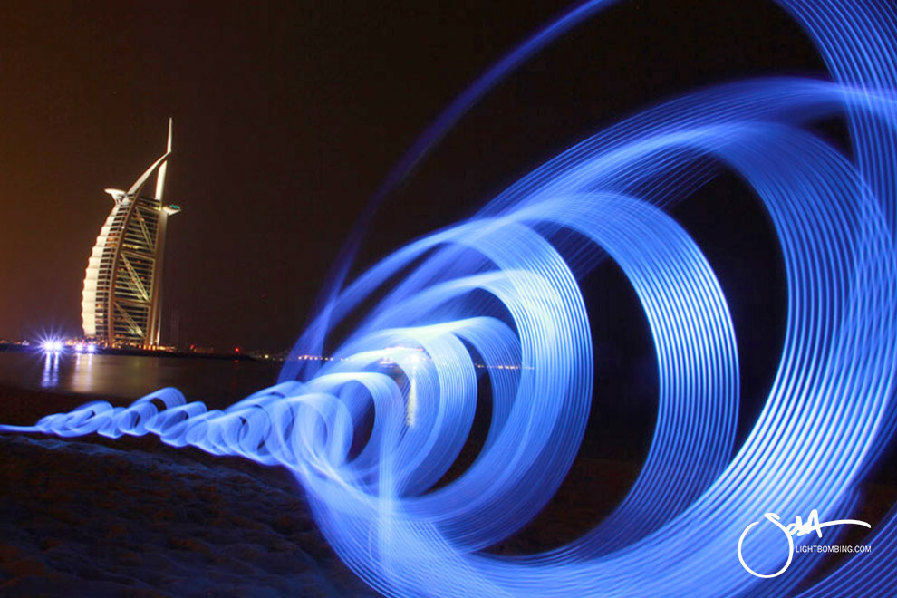 Burj Al Arab Dubai Beach night time light painting Sola